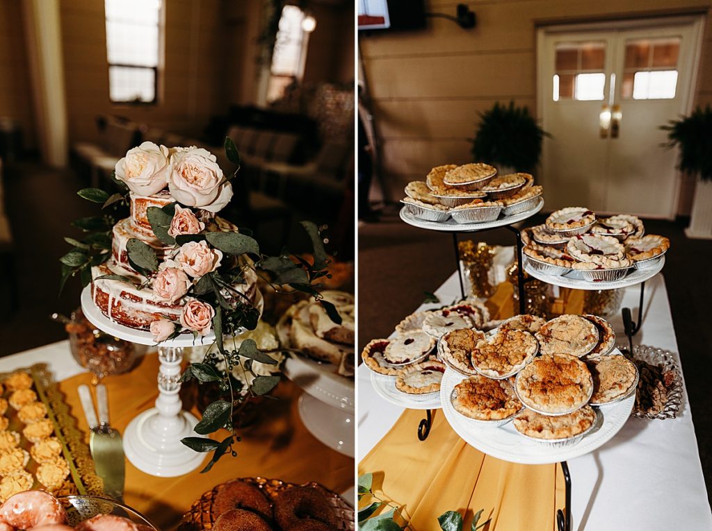 wedding cake and wedding dessert bar