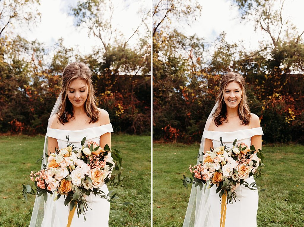 photos of the bride holding fall wedding flowers