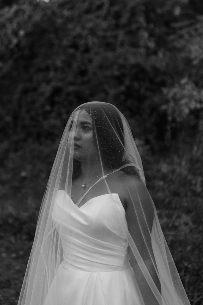 bride posing under veil for wedding photos