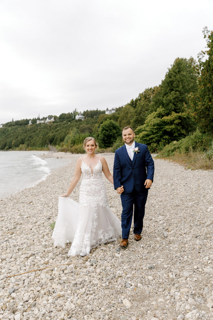Bride and groom wedding portraits on Mackinac Island in Michigan