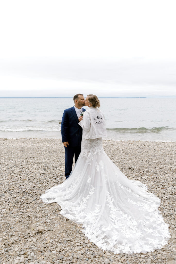Bride and groom wedding portraits on Mackinac Island in Michigan