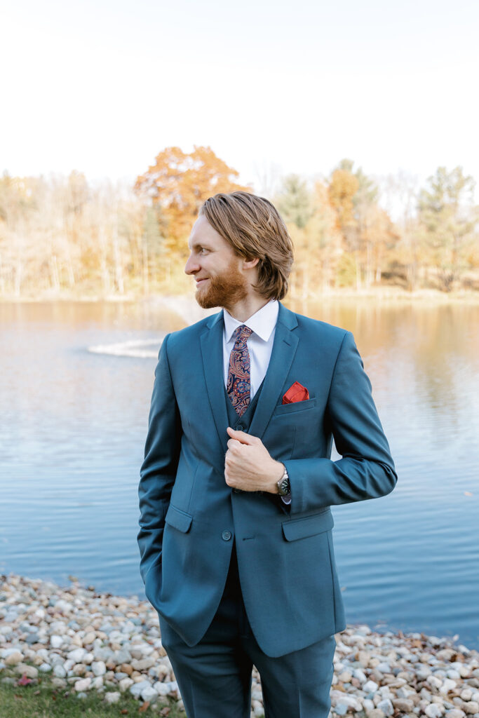 groom portraits from Michigan Berrien Springs wedding at North Lake Weddings and Events 