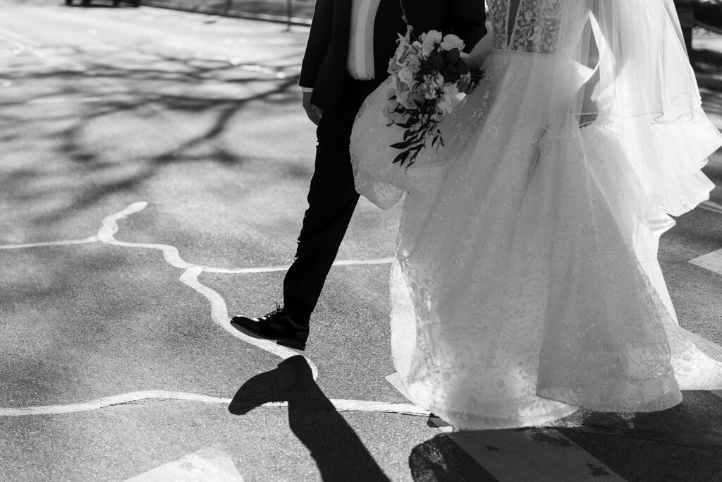 Bride and groom walking to the wedding venue