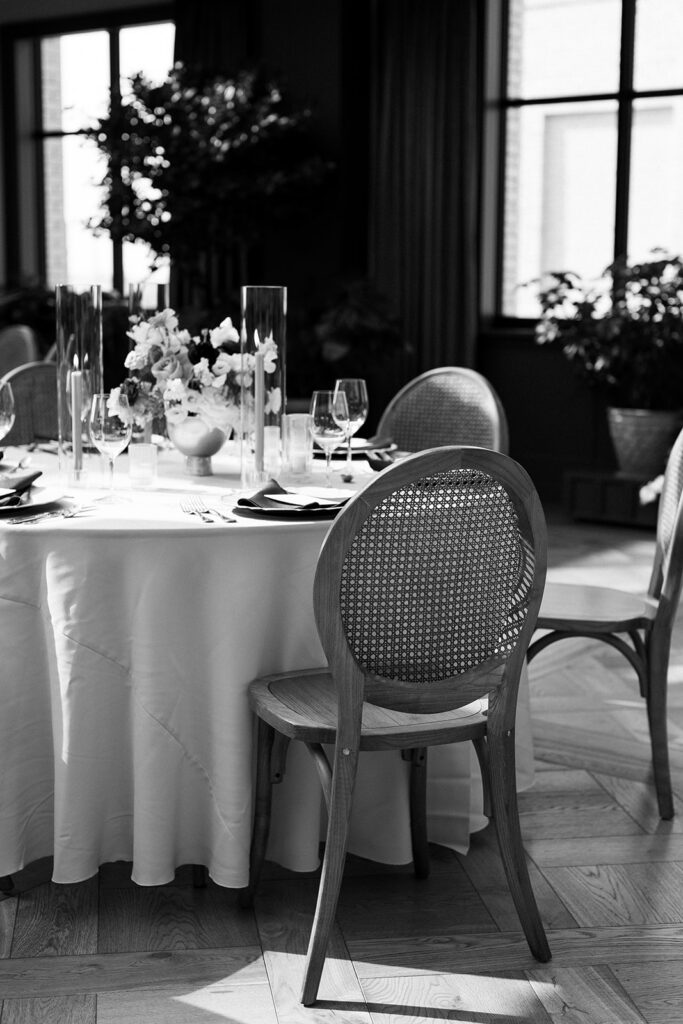 Cane back reception chairs at mocha-themed wedding in downtown Detroit