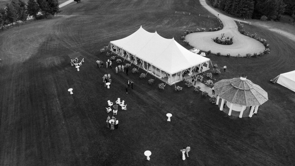 Drone view of reception setup at Bay View at Gallagher Farms wedding venue