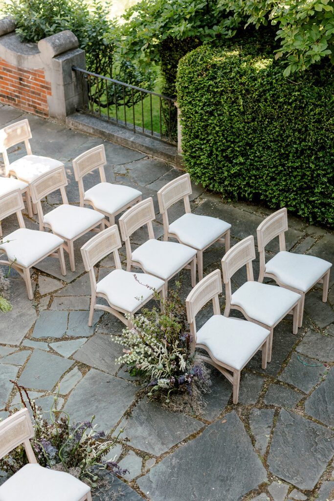 Courtyard ceremony set up at European style wedding venue in Michigan