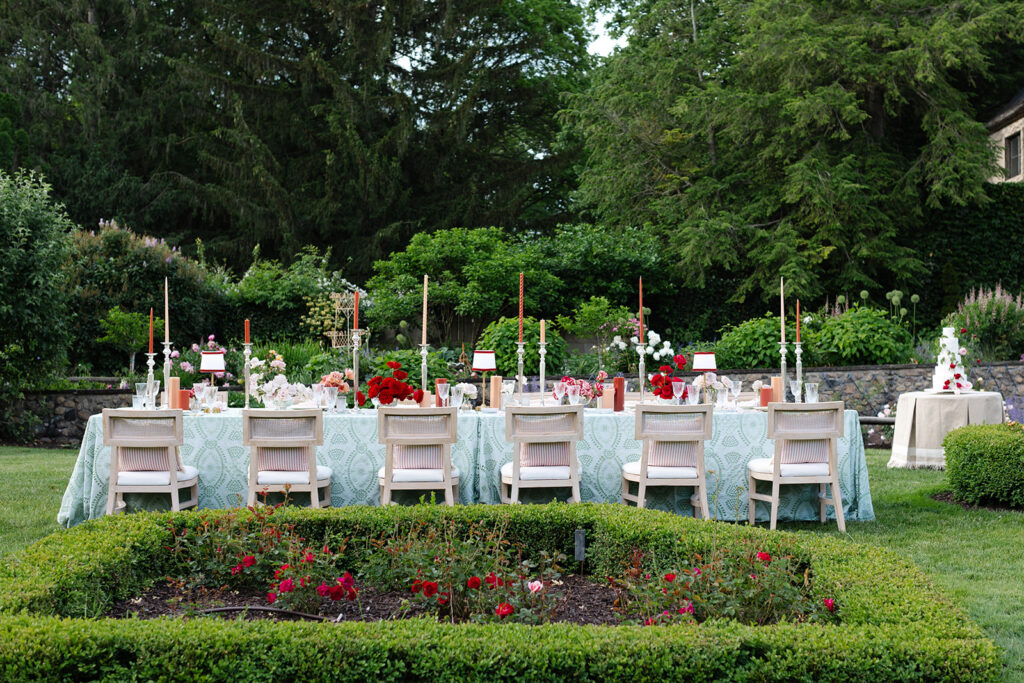 Welcome party tablescape at European style wedding venue
